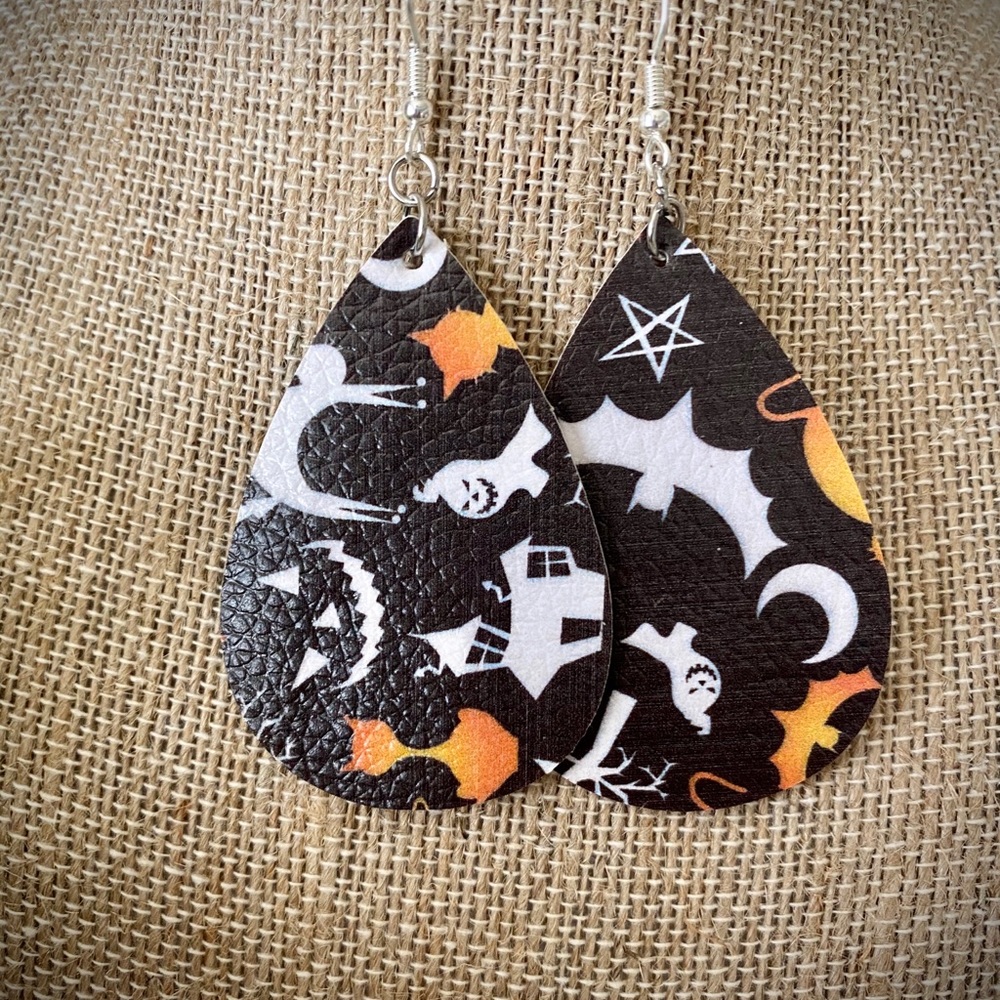 Festive and Spooky Faux Leather Teardrop Earrings